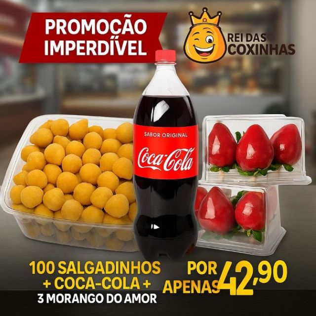 100 Salgadinhos + Coca + 3 Morango do Amor
